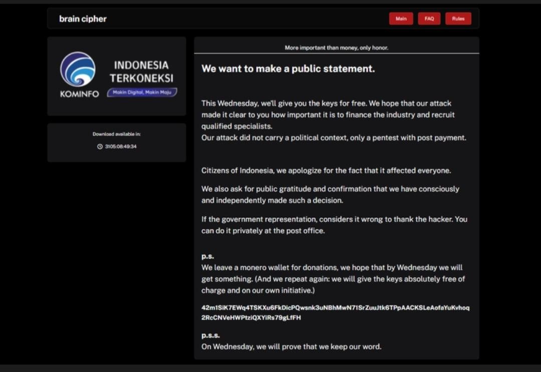 Foto: Halaman utama situs dark web berisi pernyataan kelompok hacker Brain Chiper pada  2/7/2024 (KOMPAS.com)